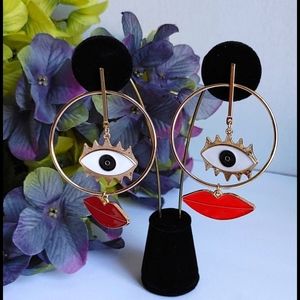 Boho Large Gold Evil Eye & Red Lips Hoop Artsy Earrings
